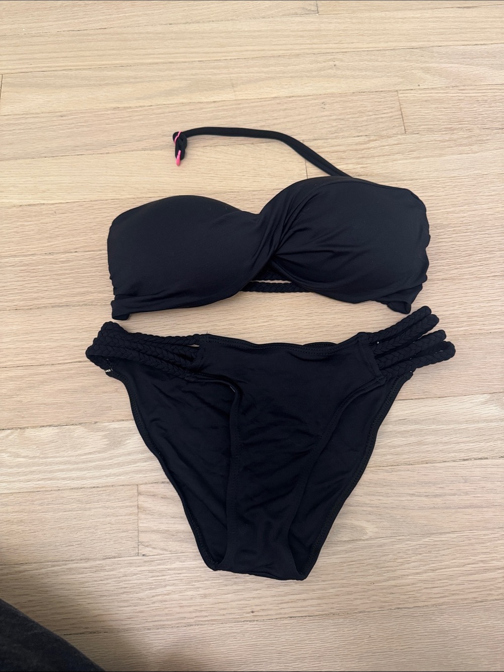 SHEIN Black Twist Bandeau Bikini Set with Braided Side Straps